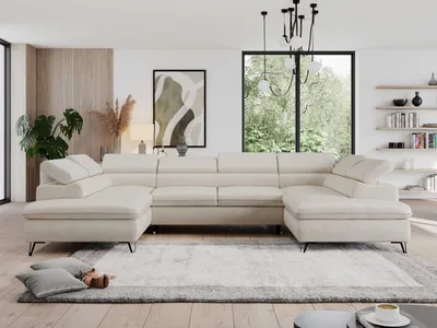 Produktbild von Wohnzimmersofa mit Schlaffunktion, U-form, verstellbare Kopfstützen, Bettkasten - PEDRO U - Velvet - Beige