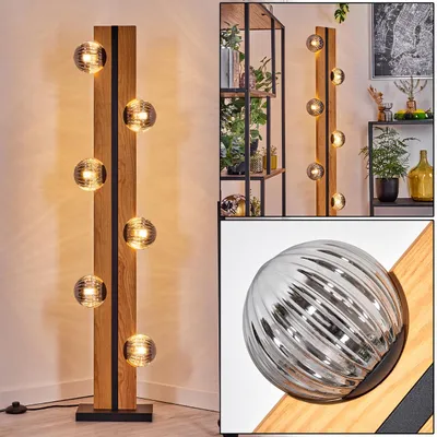 Produktbild von Isorella Stehlampe aus Holz/Metall/Riffelglas in Natur/Schwarz/Rauchfarben