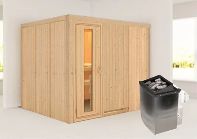 Produktbild von Karibu Sauna Innensauna Gobin Fronteinstieg Ofen 9 kW integr. Strg 231x196x198 cm ohne Dachkranz mit Energiespartür