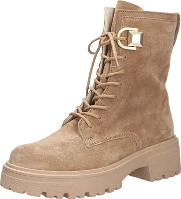 A single tan suede lace-up boot with a gold buckle detail is shown against a white background.