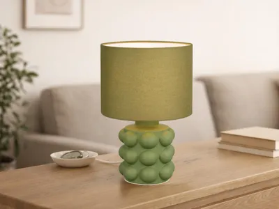 Produktbild von Retro LED Tischlampe mit Lampenfuß Keramik & Stoff Lampenschirm Grün, Höhe 30cm