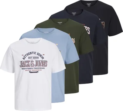 Produktbild von JACK&JONES Herren T-Shirt, 5er Pack - JJELOGO TEE 5PK, Kurzarm, Rundhals, Baumwolle Weiß/Blau/Grün/Schwarz S