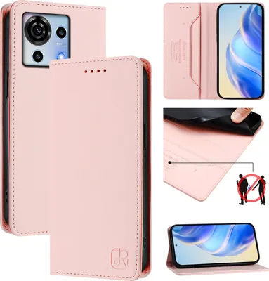 Image de Etui en cuir pour ZTE Blade V50 Vita, étui à rabat avec fentes pour cartes, portefeuille et support Rose