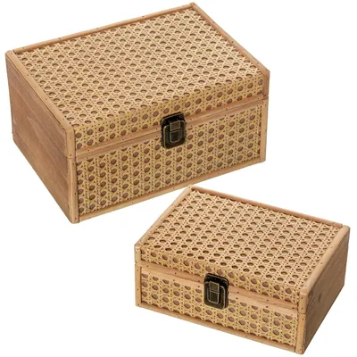 2er-Set Holzkisten mit Weidengeflecht, natur, 24 x 11,5 x 17 cm