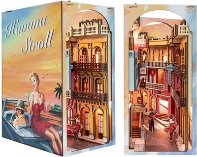 Image de Habarri | DIY Book Nook - Promenade dans La Havane - Puzzle 3D - Kit maison miniature avec meubles et lumière LED - Kit coin de livre