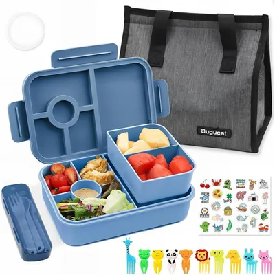 Produktbild von Brotdose Kinder mit Fächern 1300ML, auslaufsicher, mit Lunchtasche & Besteckset, BPA-frei, dunkelblau