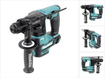A cordless rotary hammer drill with a side handle and depth rod, shown against a white background. Multiple smaller images of the same product are displayed to the right.