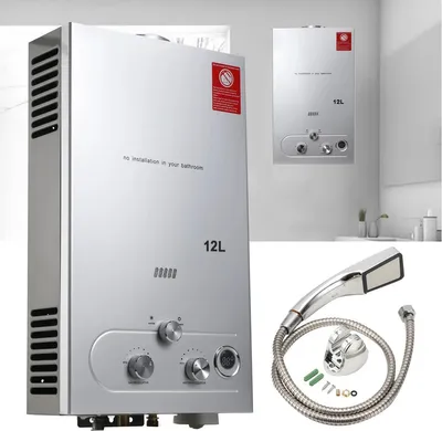 Obrázek produktu pro Ohřívač vody – plynový průtokový ohřívač – propan – objem 1000 l – nerezová ocel – pro kempování – se sadou sprchové hlavice – světle šedý