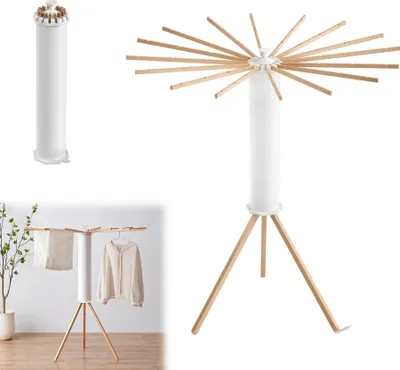 Produktbild von TWOLIIN Przenośny wieszak do suszenia ubrań Składany wieszak na ubrania Octopus z drewnianym drążkiem Oszczędzający miejsce wieszak do suszenia ubrań w pomieszczeniach Podłogowy wieszak na ubrania