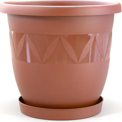A terracotta-colored plastic planter with a decorative band and a matching saucer, presented against a white background.