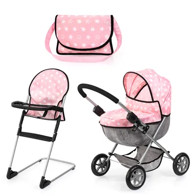 Produktbild von Bayer Design 13730AB Set Puppenwagen faltbar, Softer Griff, mit Tasche, Hochstuhl