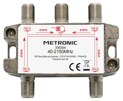 Produktbild von METRONIC 336304 TV/Sat Verteiler 4 Ausgänge mit F-Stecker geschirmt Metall