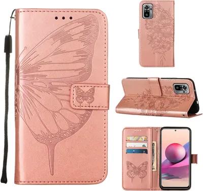 Produktbild von Redmi Note 10S Hülle, Schmetterling Prägung Flip Leder Kartenfächer Schutzhülle Ledertasche mit Ständer für Xiaomi Redmi Note 10S / Note 10 4G Roségold