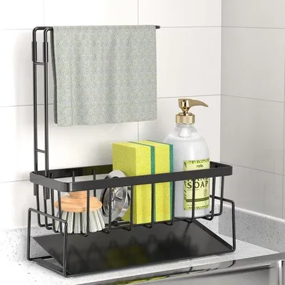 Imagen del producto de Organizador de cocina de acero inoxidable Unyqoos® con soporte para toallas y esponjas, color  (revestimiento resistente a la corrosión), base antideslizante y desagüe automático, ideal para cocina y baño