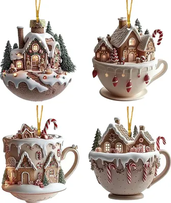 Produktbild von Haus-Kaffeetassen-Ornament aus Acryl, Schnee-Lebkuchenhaus-Weihnachtsbaumschmuck, Weihnachtsdekoration für Baum, Rucksack, Schlüsselanhänger