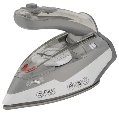 Image de TZS First Austria : Mini-fer à repasser de voyage | Fer à repasser compact avec poignée pliable | 750g | Sélecteur de tension 110/220 Volts | Semelle en céramique | Blanc/Gris * B*