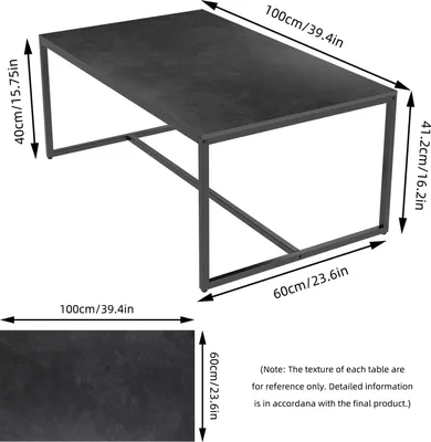 Image de Table basse pour salon - Table basse rectangulaire - Plateau en pierre synthétique de 100x60x43 cm - Structure en métal ferreux - Capacité de charge : 150 kg - Style moderne et minimaliste - Noir