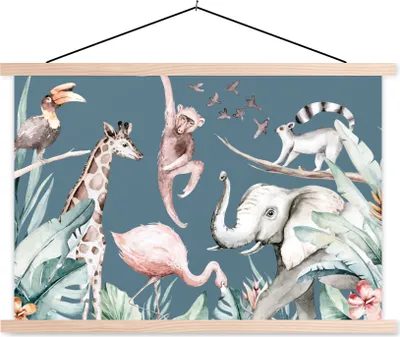 Produktbild von MuchoWow® Textilposter Aquarell - Tiere - Dschungel - Affe - Jungen - Blau - Kinder - Kinder 120x80 cm mit holzfarbenen Rahmen - Aufhängeset