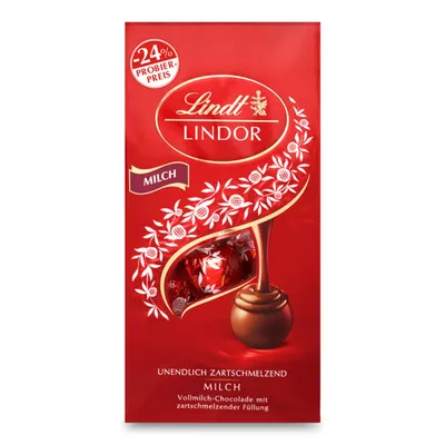 A product shot of a box of Lindt Lindor milk chocolate truffles.