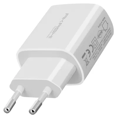 A white Akashi power delivery charger is shown from a diagonal angle against a white background.