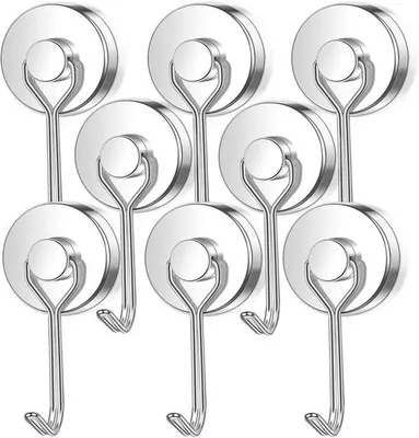 Zdjęcie produktu dla Zestaw 8 haczyków magnetycznych Unyqoos® – magnesy neodymowe o udźwigu do 20 kg, obrotowe o 180°, wykonane ze stali nierdzewnej, montaż bez wiercenia