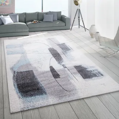Produktbild von Teppich Wohnzimmer Kurzflor Pastell Vintage Modern Abstraktes Design Türkis Grau Grösse 80x150 cm