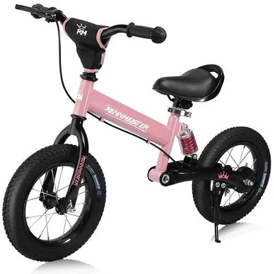 A pink balance bike for children.