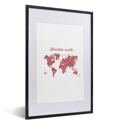 Produktbild von MuchoWow® Gerahmtes Poster Weltkarte - Abenteuer - Kompass 40x60 cm - Poster mit Schwarzem Bilderrahmen Wandposter Rahmen Foto Bilder - Poster in Rahmen