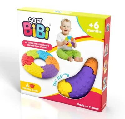 Obrázok produktu pre Soft BiBi Sensory Puzzle Circle – Mäkký senzorický puzzle disk pre deti od 6 mesiacov, 6-dielny, rôzne povrchy, bez obsahu BPA, certifikovaný podľa CE/EN-71