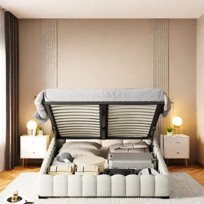 Immagine prodotto di Letto imbottito UnboxG 160x200cm, letto matrimoniale idraulico con vano contenitore e rete a doghe, testata a LED con vano contenitore e funzione di ricarica USB, letto a molle insacchettate letto funzionale letto contenitore, lino, beige