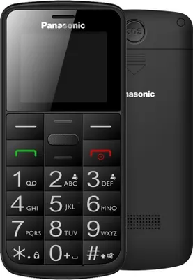 A black Panasonic mobile phone is shown from the front and back.