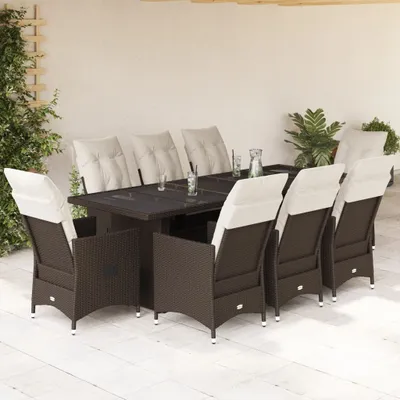 Produktbild von 9-tlg. Garten-Bistro-Set mit Kissen Braun Poly Rattan, Gartenmöbel-Sets 2024 Neu