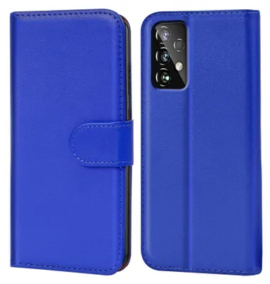 A blue flip case for a Samsung Galaxy A72 phone is shown from the front and back.