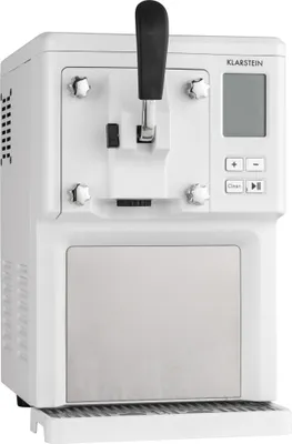 A white ice cream maker with a black handle and a silver drip tray.