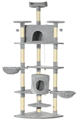 Produktbild von PawHut Kratzbaum 200H cm Katzenbaum mit Höhlen und Spielzeugbälle Hellgrau