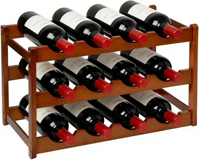 Image de Étagère à bouteilles, en bambou, pour cuisine, capacité de 12 bouteilles, 3 niveaux, empilable
