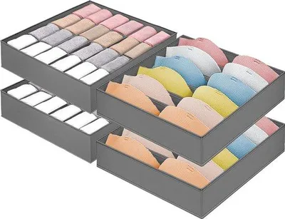 Image de Organisateur de chaussettes et de sous-vêtements Unyqoos® - Lot de 4 : 2 boîtes avec 24 compartiments et 2 boîtes avec 6 compartiments, boîtes pliables en tissu Oxford, dimensions 34 x 34 x 10 cm, idéal pour organiser les tiroirs et les armoires