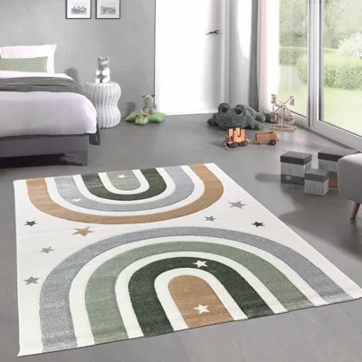Produktbild von Moderner Teppich Pastellfarben weich pflegeleicht mit Regenbogendesign in Creme Größe - 240 x 340 cm