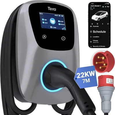 Produktbild von Intelligente Wallbox mit 22 kW zum Laden von Elektroautos, mit App-Steuerung, Typ 2-Stecker und 7 Metern Kabel