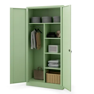 An open green metal wardrobe with various items inside.