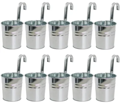 Produktbild von TRANKIELO® - 10 Stück Metall-Hängeampeln - Silberne Pflanzgefäße mit abnehmbarem Haken für Balkon und Garten