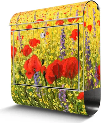 Produktbild von Edelstahl Briefkasten mit Zeitungsfach Feld Mit Mohnblumen großer Design Postkasten rostfrei, A4 Einwurf [BKGE2 12286]