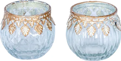 Produktbild von 2er Set Glas Windlichter H5cm Klar Gold Teelichthalter Kerzenhalter Tischdeko