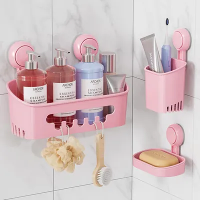 Immagine prodotto di Portaoggetti da doccia senza foratura, set di 3 pezzi, rosa, taglia media