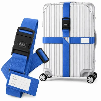 Immagine prodotto di Cinghia a croce per valigie – Cinghia regolabile per bagagli, con lucchetto a combinazione, resistente e robusta, per valigie e bagagli, blu