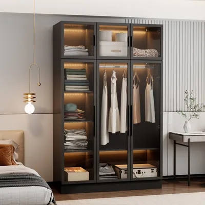 Produktbild von Kleiderschrank mit Glastüren und Beleuchtung, Garderobenschränke, Garderobe, Schwarz, MDF+Glas, 120 × 190 × 49 cm