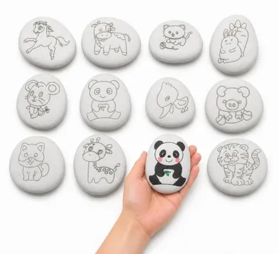 Produktbild von Vorgravierte Steine zum Bemalen 12er Set, 6-8cm Weiße Kieselsteine mit Tierumrissen