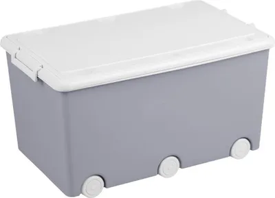 A grey toy box with a white lid and wheels, shown from a slight angle against a white background.