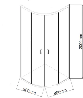 A technical drawing of a shower cabin with dimensions.