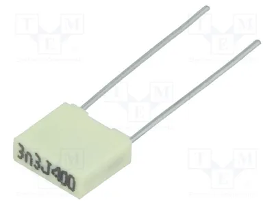 Immagine prodotto di 10 condensatori: poliestere, 200 VAC, 3,3 nF, 400 VDC. Distanza tra i terminali: 5 mm. Tolleranza: 5%. Codice: R82MC1330Z350J. P